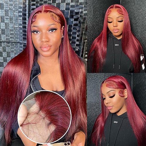 Remy Menschenhaar 13x4 Spitzenfront Perücke Freier Teil Peruanisches Haar Yaki Glatt Burgund Perücke 150% Haardichte mit Babyhaar Leimlos Vorgerupft Für Perücken für schwarze Frauen Lang Echthaar Image