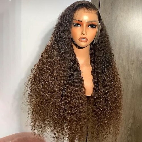 Unverarbeitetes reines Haar 13x4 Spitzenfront Perücke Freier Teil Brasilianisches Haar Locken Wasserwellen Mehrfarbig Perücke 130% 150% Haardichte mit Babyhaar Gefärbte Haarspitzen (Ombré Hair) 100 Image