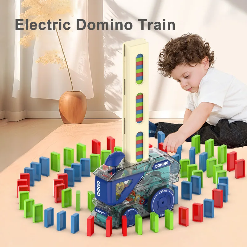 Automatische Verlegung Domino Zug Elektrische Auto Intelligenz Pädagogisches Spielzeug DIY Bunte Dominosteine Set Spiel Für Kinder Puzzle Geschenk Image