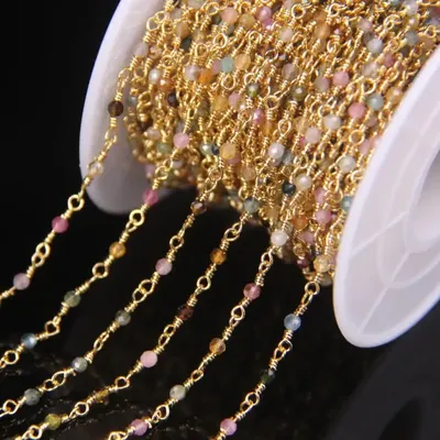 5Meter Natural Colorful Tourmaline 2mm Faceted Round Beads Rosary Chain,Gold Brass Wire Wrapped