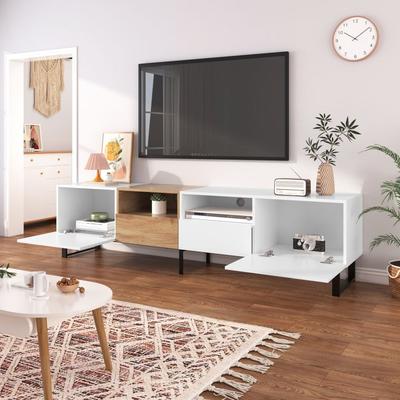 Modern TV with 2 Cabinets and Open Storage Compartment, Color-matching Media Console Table