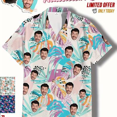 TEMU Custom Personalized Photo Hawaiian Flower Print Men's Summer Fashionable And Simple Short Sleeve Button Casual Lapel Simple Shirt, Trendy And Versatile, Suitable For Dates, Beach Holiday, As Gifts