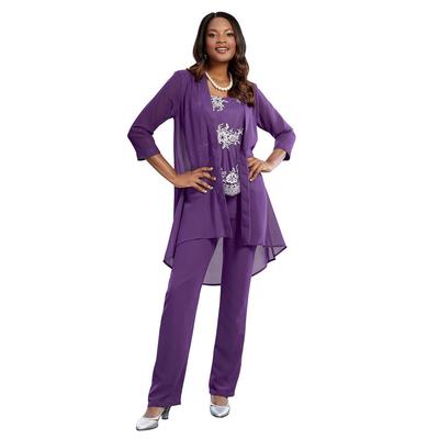 Masseys Sequin Embroidered 3-Piece Pant Set (Size M) Plum, Polyester