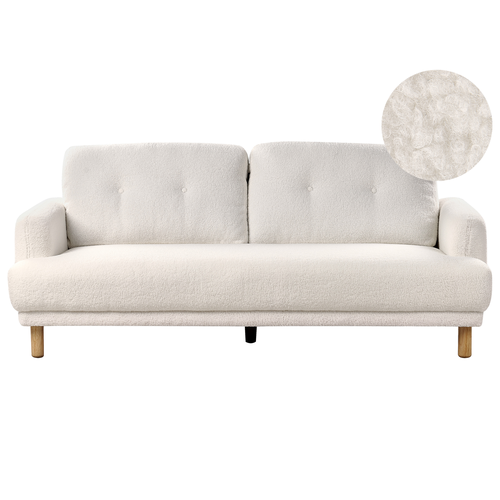 3-Sitzer Sofa Weiß Bouclé mit Hohen Holzbeinen Armlehnen Knopfheftung Skandinavisch Retro Modern Wohnzimmer Ausstattung