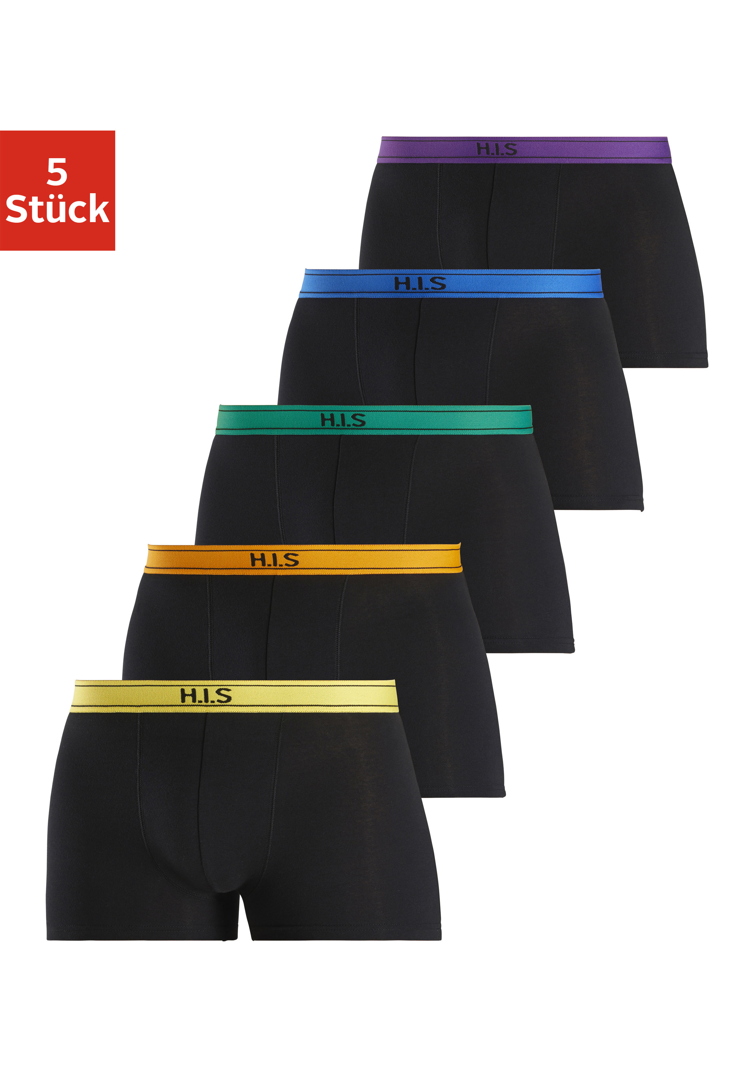 Boxer H.I.S "Boxershorts für Herren", Herren, Gr. S, schwarz (schwarz, lila, schwarz, blau, schwarz, grün, schwarz, gelb, schwarz, orange), Jersey, Obermaterial: 95% Baumwolle, 5% Elasthan, unifarben, eng, Unterhosen, mit Steifen und Logo im Bund Image