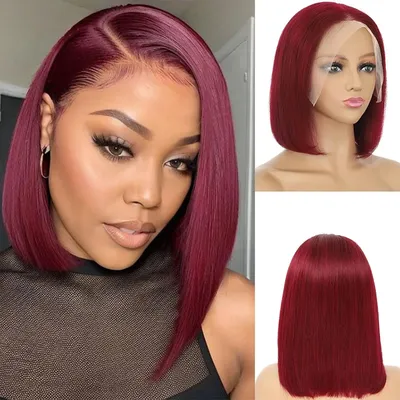 99J Bob Wig Human Hair HD Lace 13x4 Lace Front Free Part wig 99J Burgundy Bob Wig for women 180%