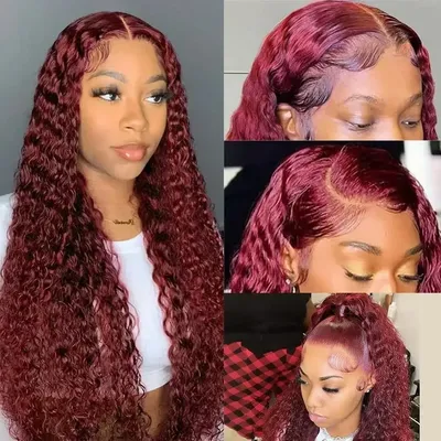 34 36 Inch 13x4 HD Burgundy Deep Wave Lace Front Wig Human Hair 99J Red Colored Preplucked 180