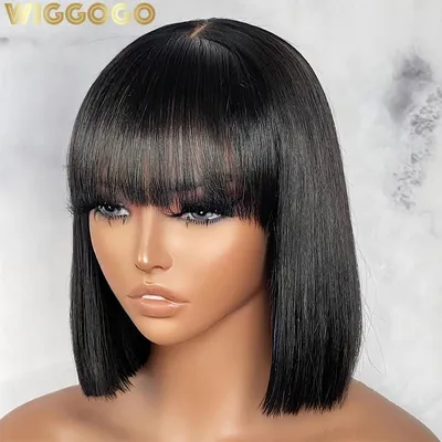 Wiggogo 3X1 Middle Part Lace Wig Bob Wigs Full Machine Made Bone Straight Human Hair Wigs With Bangs