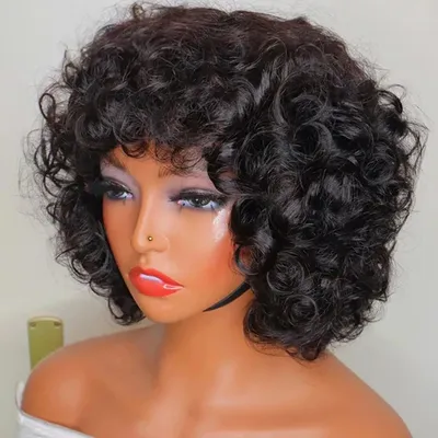 330% Density Brazilian Egg Curl Pixie Cut Wig Human Hair With Bangs Water Wave Short Bob Wig For