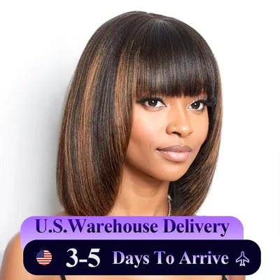 Brown Highlight Straight Bob Wig Human Hair Wigs with Bangs 2x1 Lace Wig Layered Cut Wig Bob Short