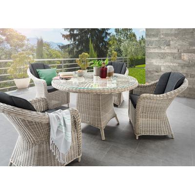 Garten-Essgruppe DESTINY "MALAGA LUNA", weiß (vintage weiß), Polyester, Aluminium, Polyrattan, Polyester, Sitzmöbel-Sets, (Set, 13-tlg., 4x Sessel, 1 Tisch Ø 100x75 cm) Aluminium, Polyrattan Image