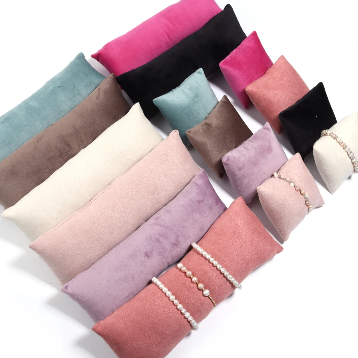 1 Set Cuscino per gioielli Pelle scamosciata Velluto Espositore per gioielli Cuscino Bracciale Orologio Display Supporto per cuscino per braccialetto Supporto per organizzatore
