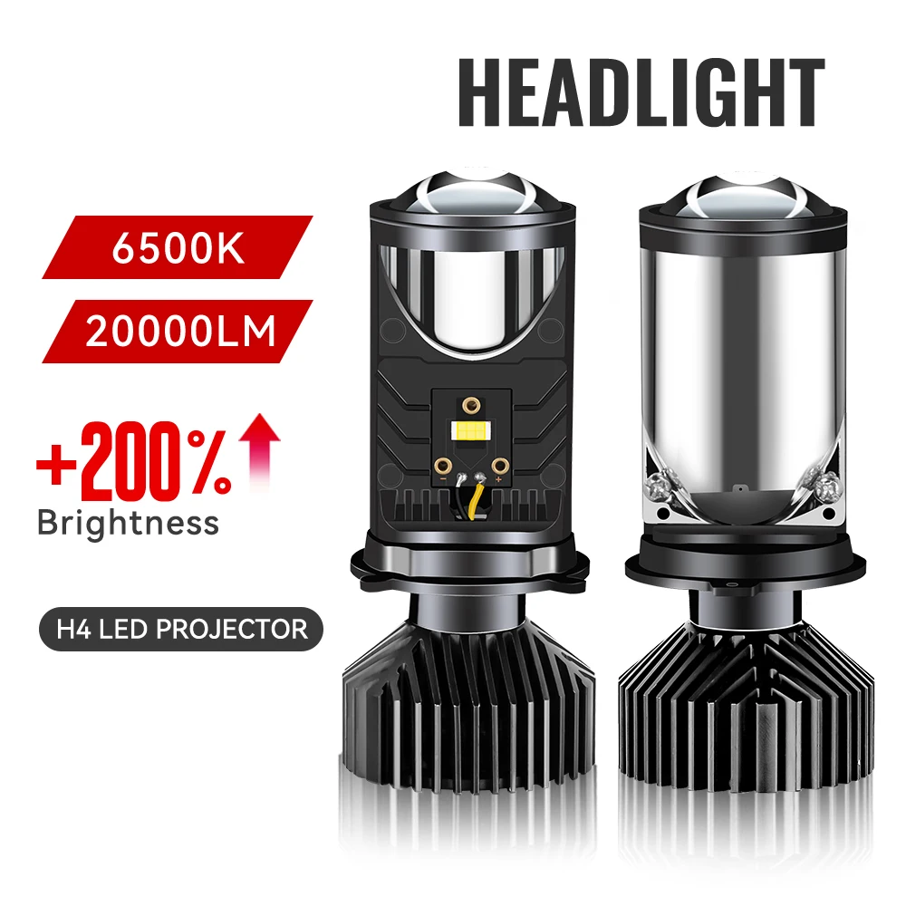 Proiettore con lente a LED H4 Mini lampadina 20000LM Faro con ventola per moto Doppio fascio alto basso 9-32V Plug & play Proiettore per moto