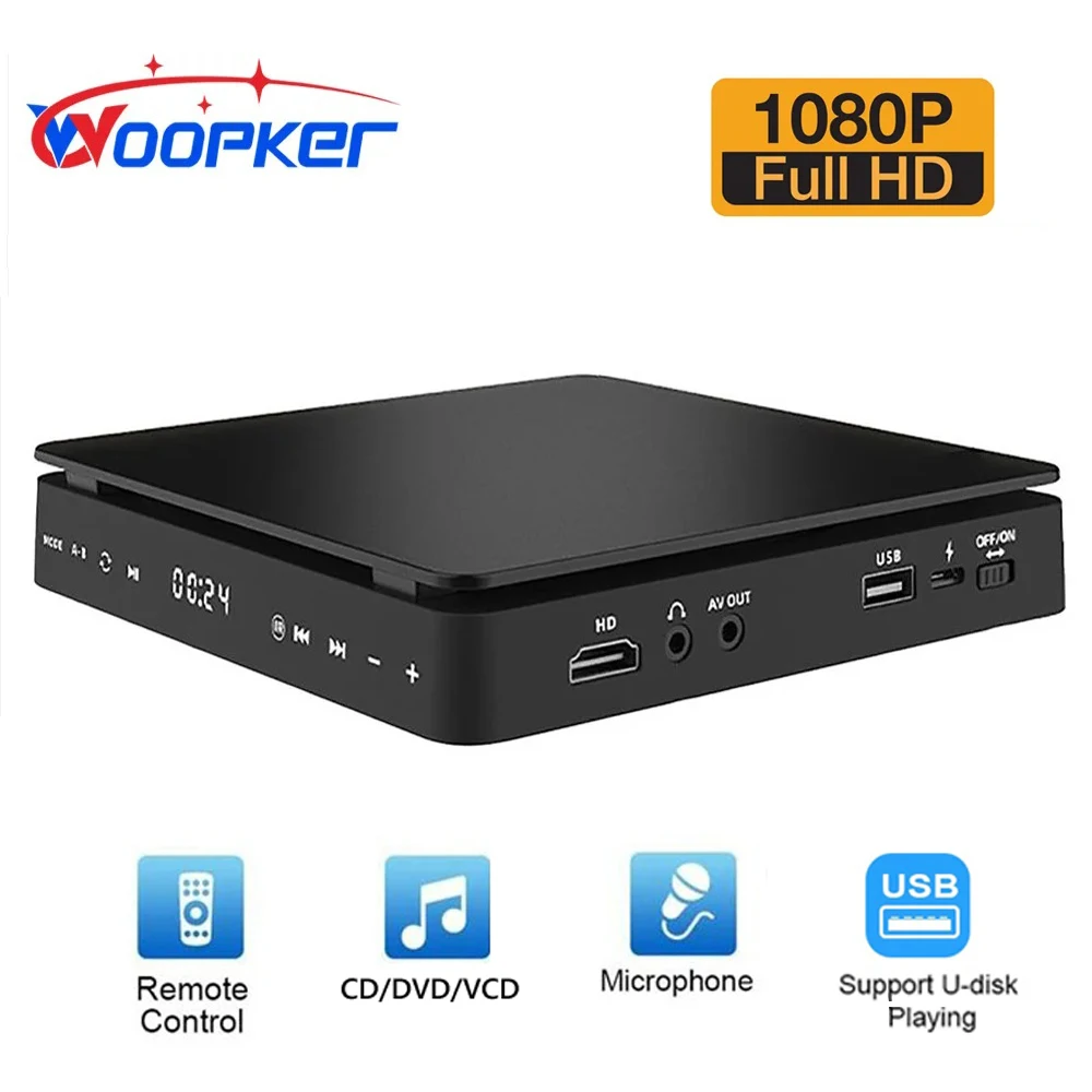 Woopker Lettore DVD portatile KC-708 Supporto video HD 1080p Cavo HD e ingresso USB connesso AV Lettore CD VCD per proiettori TV
