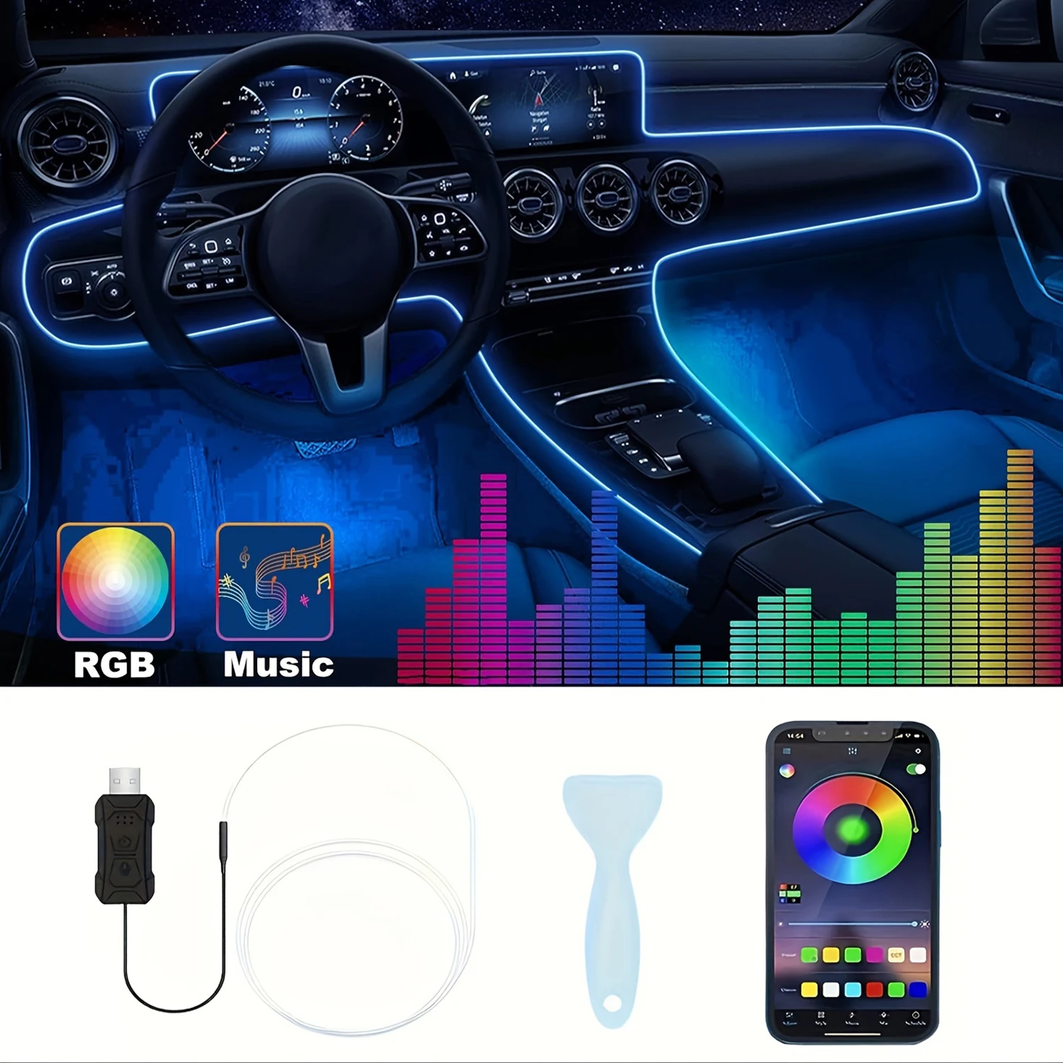 3m/118 inch Auto Ambient Lighting Car LED Interior Strip Light USB with RGB 16 Million Colors Fiber Optics Neon Decorative Lamps