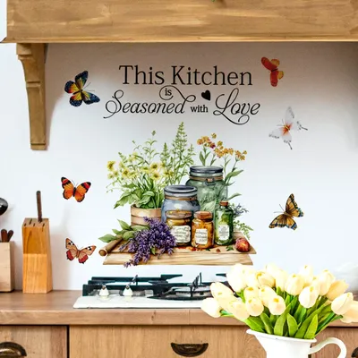 Kitchen Herbs Cooking Art Butterfly Flower Kitchen Quotes Wall Stickers Art Home Decorations Wall