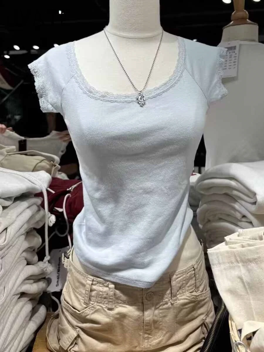Blue Lace Trim Slim Slash Neck T-shirts Female New Cotton Casual Simple Short Sleeve Tees Vintage Chic Sweet Tops Women Clothes