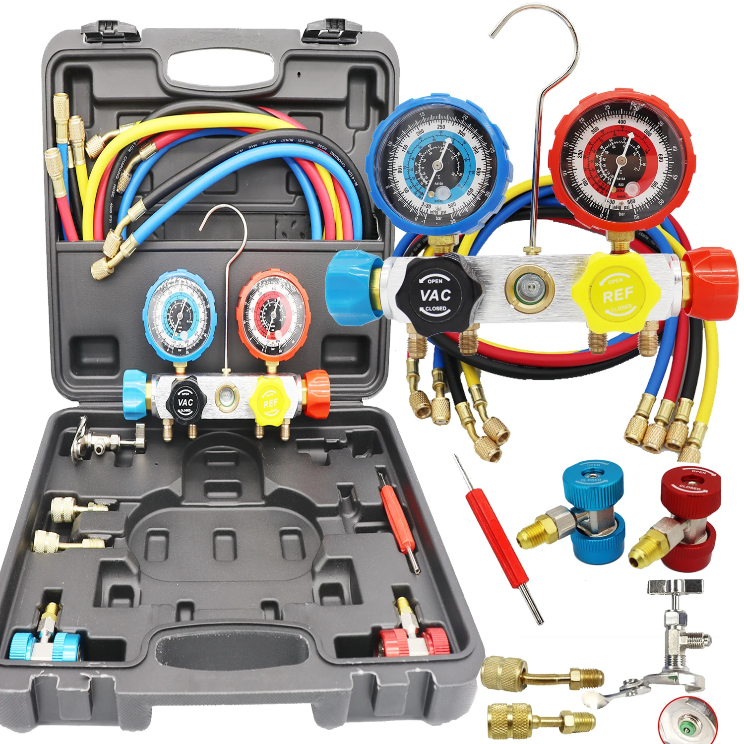 The 4-way manifold pressure gauge set is ideal for automotive AC refrigerant charging R134A R410A air conditioning measurement