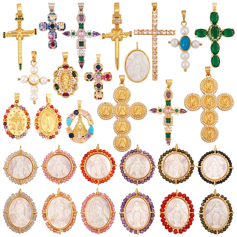 Ciondolo con ciondoli della Vergine Maria con croce di Gesù religiosa sacra, accessori per collane di gioielli con conchiglia di zirconi colorati placcati in oro 18 carati K63