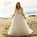 Abiti da sposa da spiaggia Taglie forti Scollo a V Maniche a sbuffo Illusion Abiti da sposa Appliques Lunghezza pavimento A-Line Tulle Vestido PSL 980026