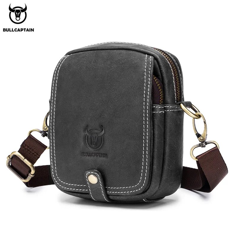 BULLCAPTAIN Casual Herren Messenger Umhängetaschen Premium YKK Glatte Reißverschlusstasche Leder Umhängetasche für Männer Männliche Gürteltasche
