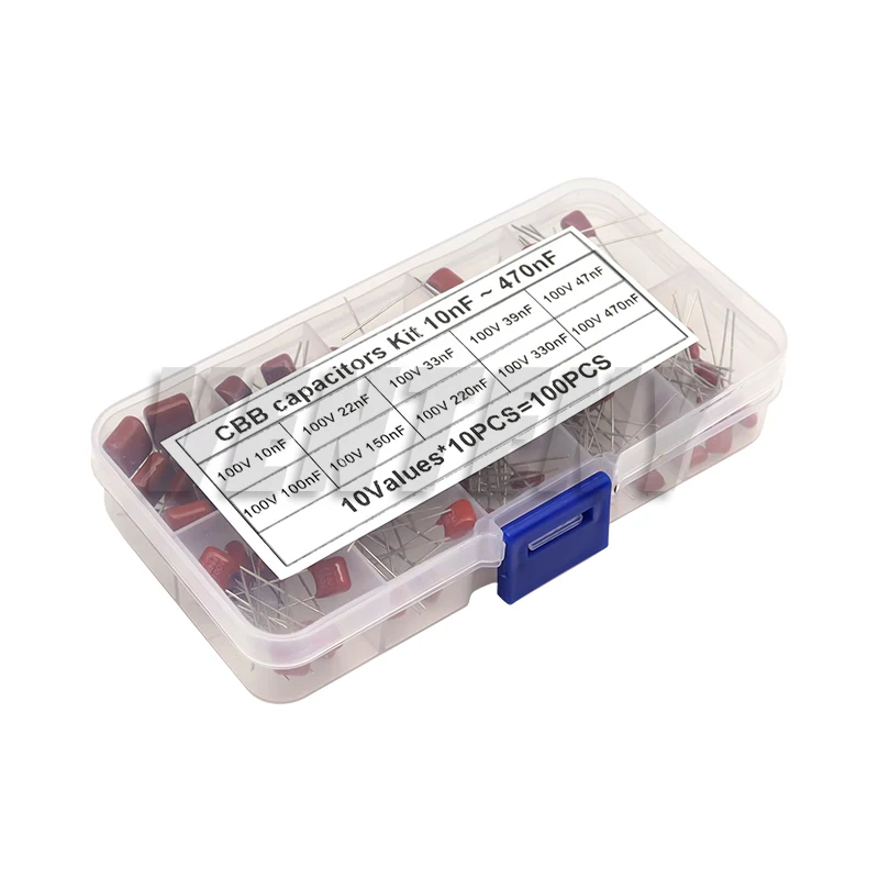 100 Stück 100 V 10 Werte * 10 Stück 10 nF-0,47 UF 470 nF metallisierter Polyesterfolienkondensator-Sortiment-Kit CBB-Kapazitätsset Image