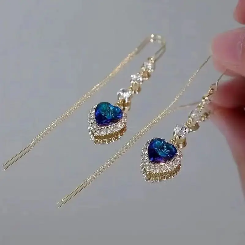Neue Blaue Herzförmige Zirkon Ohrringe Für Frauen Licht Luxus Lange Quaste Ohr Draht Baumeln Ohrring Damen Hochzeit Schmuck Image