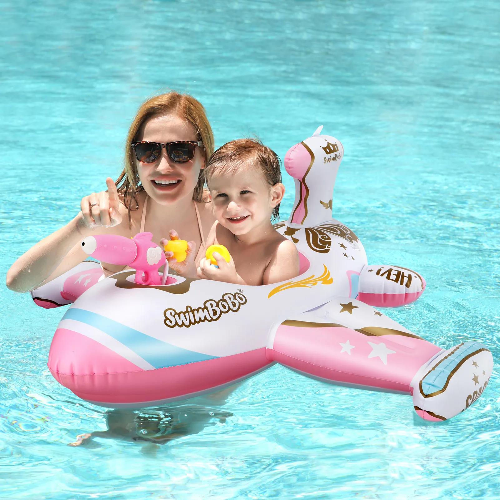 Swimbobo Rosa Outdoor Sommer Wasserpistole Spielen Flugzeug Aufblasbare Kindersitz Float Baby Schwimmring für Kinder mit Baldachin Image