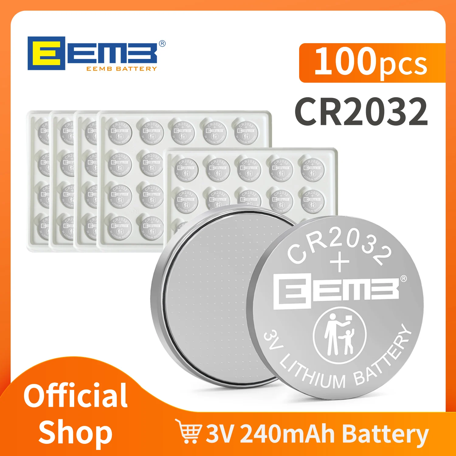 100PCS EEMB CR2032 Hohe Kapazität 240mAh 3V Nicht wiederaufladbare Knopfzellenbatterien für Uhren Schrittzähler Autoschlüssel Image