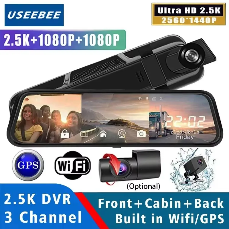 10 Zoll 3 Kanal 2,5 k Auto DVR Wifi GPS Drei-Wege-Dash-Cam Auto Kamera Dashcam Stream Rückspiegel Black Box Drive Recorder Image