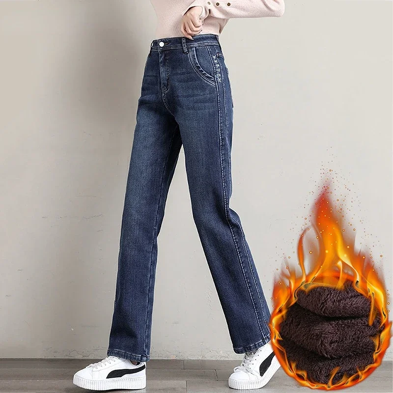 Neue Winter Dicke Warme Fleece Frauen Gerade Jeans Frauen Klassische Hohe Taille Verdicken Mode Warme Denim Hosen Retro Cowboy Hosen Image