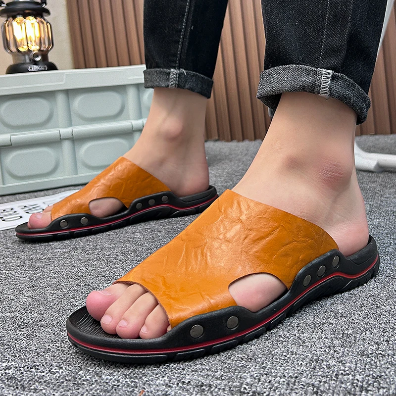 Maedef Herren Hausschuhe modische Sandalen Home Schuhe rutsch feste Wohnungen Rutschen Sandale für Männer Leder Pantoffel männlich Indoor Flip Flops