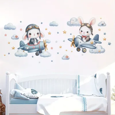 Cartoon Kaninchen Bär Flugzeug Wandaufkleber für Kinderzimmer Hintergrund Baby Kinderzimmer Home Image