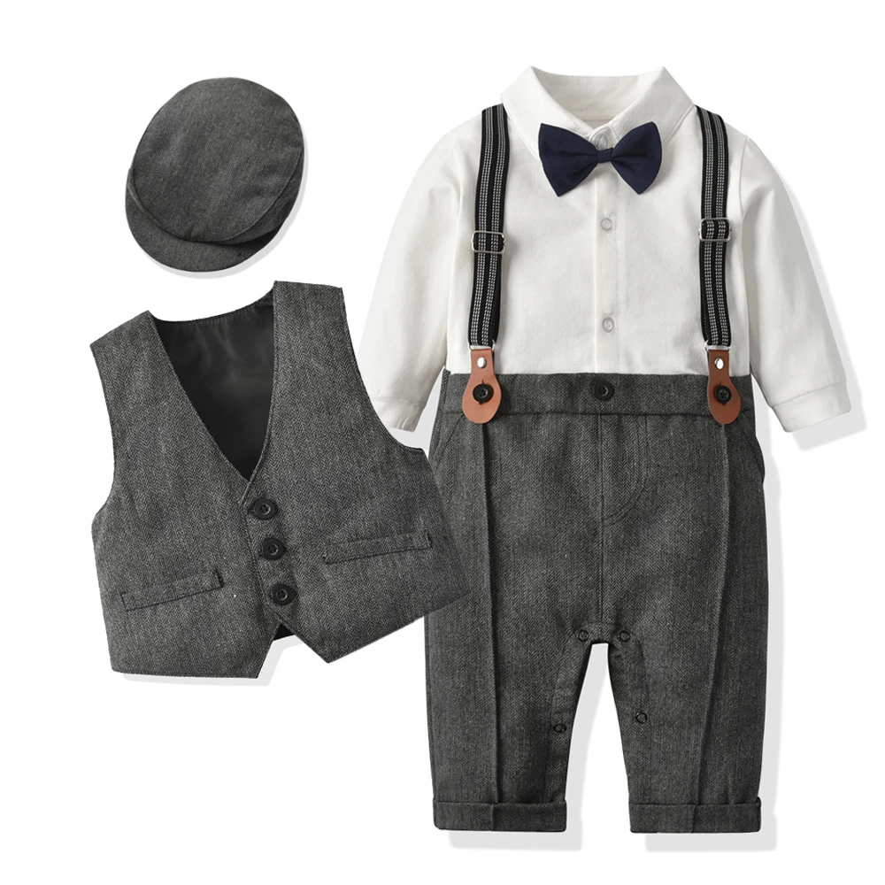 Neugeborenen Jungen Formale Kleidung Set Kleinkind Junge Gentleman Geburtstag Strampler Outfit Mit Hut Weste Lange Sleeve Infant Overall Anzug Formale Image