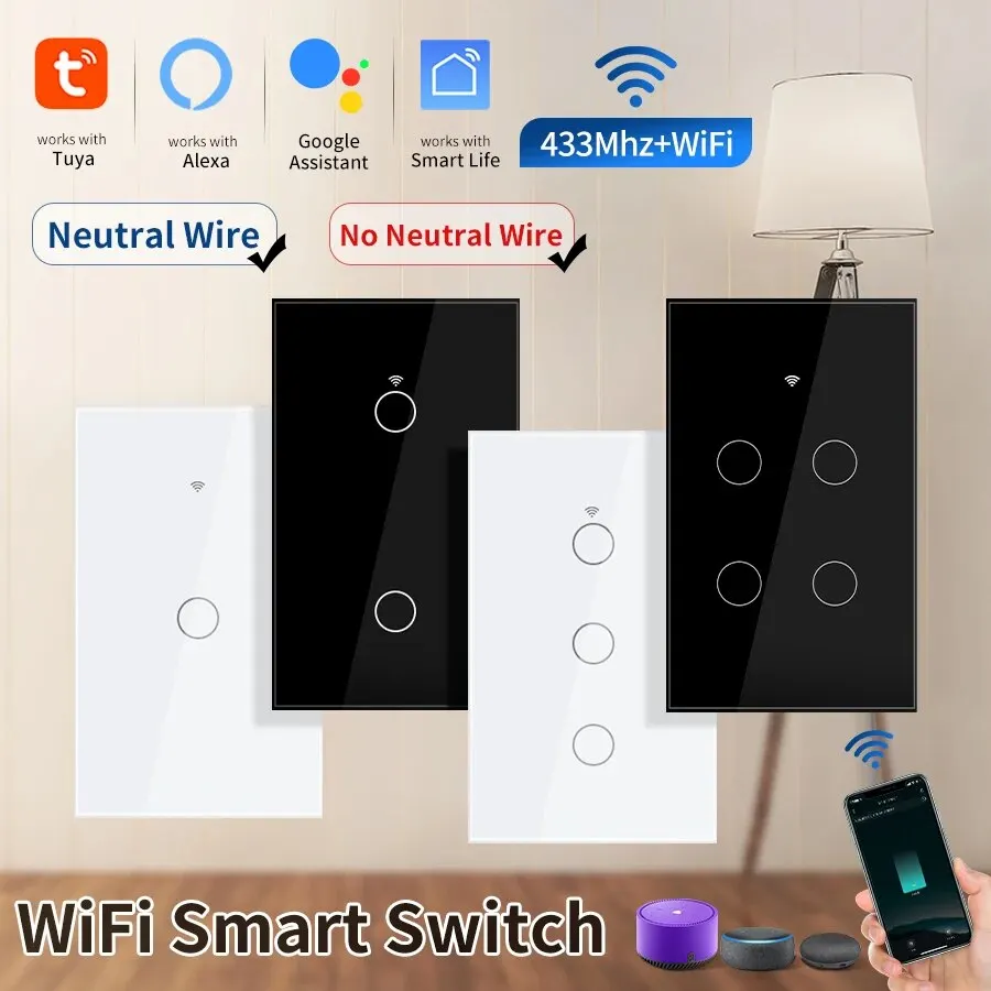 Tuya WiFi Smart Lichtschalter RF433 Neutralleiter/Kein Neutralleiter erforderlich US-Wand-Touch-Schalter funktionieren mit Alexa Google Home Image