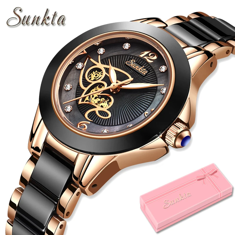 Sunkta Marke Frau Uhr Luxus Keramik Diamant Damen uhr wasserdichte Quarz Armbanduhren Frauen Uhr Geschenk Relogios Feminino Image
