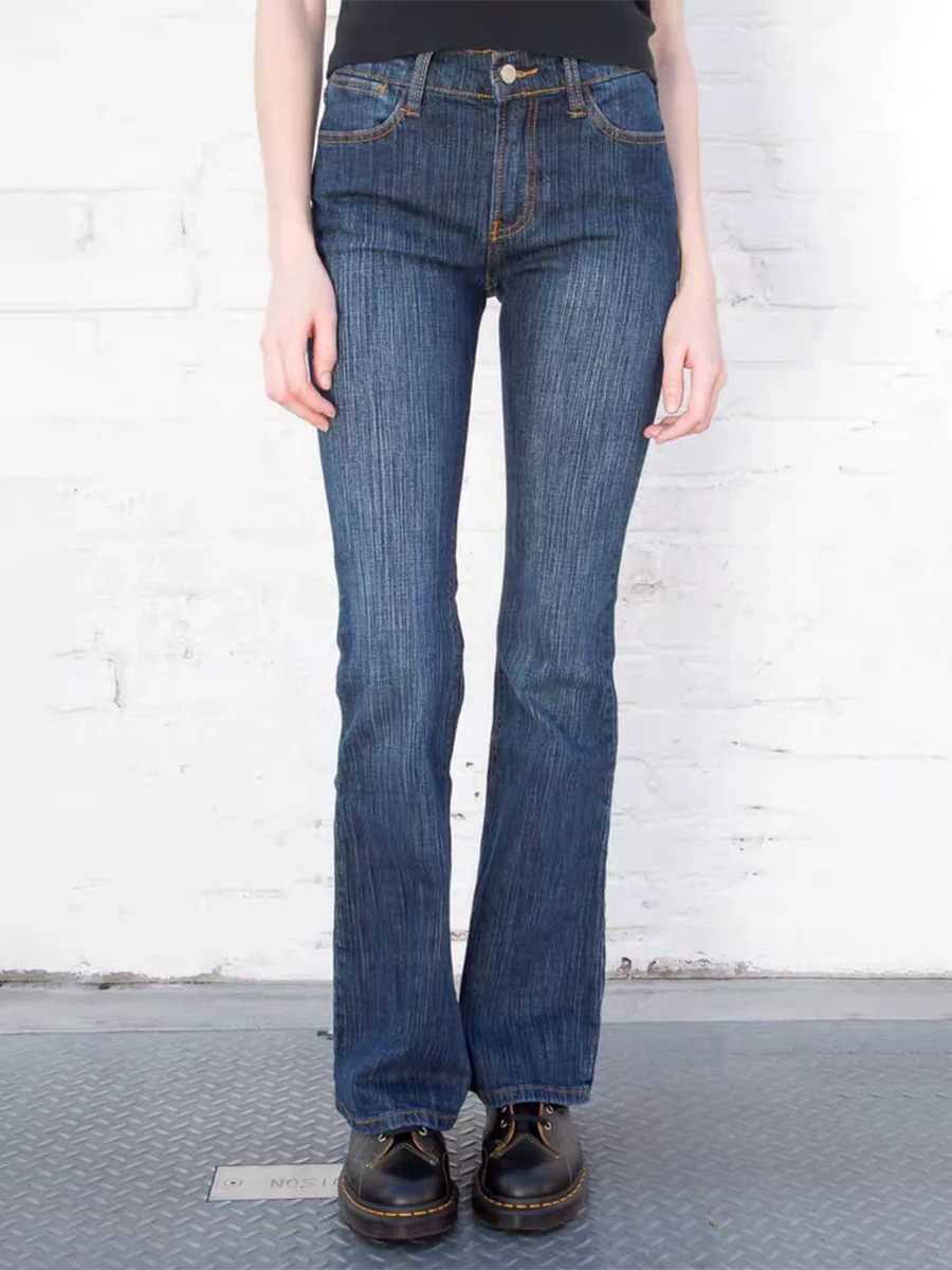 Retro Blau Low Rise Jeans Frauen Frühling Dünne Flare Denim Hosen Amerikanischen Vintage Y2k Casual Streetwear Baumwolle Hosen 2023 Chic