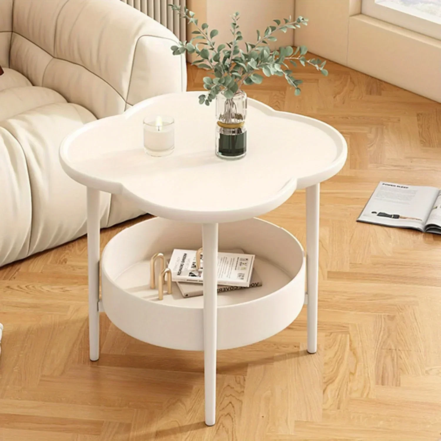 Cremefarbener kleiner Couchtisch, kreativer Beistelltisch, moderner, einfacher Sofa-Seitenschrank, kleiner Couchtisch, ein paar doppelschichtige