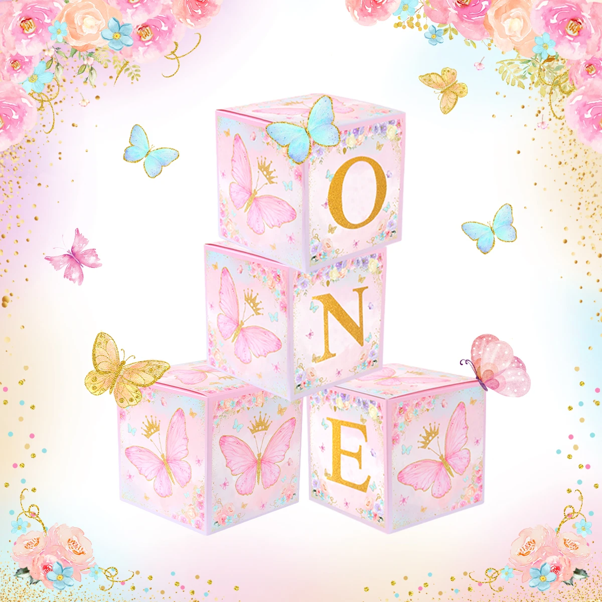 Rosa Schmetterlings-Ballonboxen mit bedruckten BABY-Buchstaben, Blöcken für Jungen und Mädchen, Geschlecht offenbaren Geburtstagsparty-Geschenkboxen für Babypartys Image