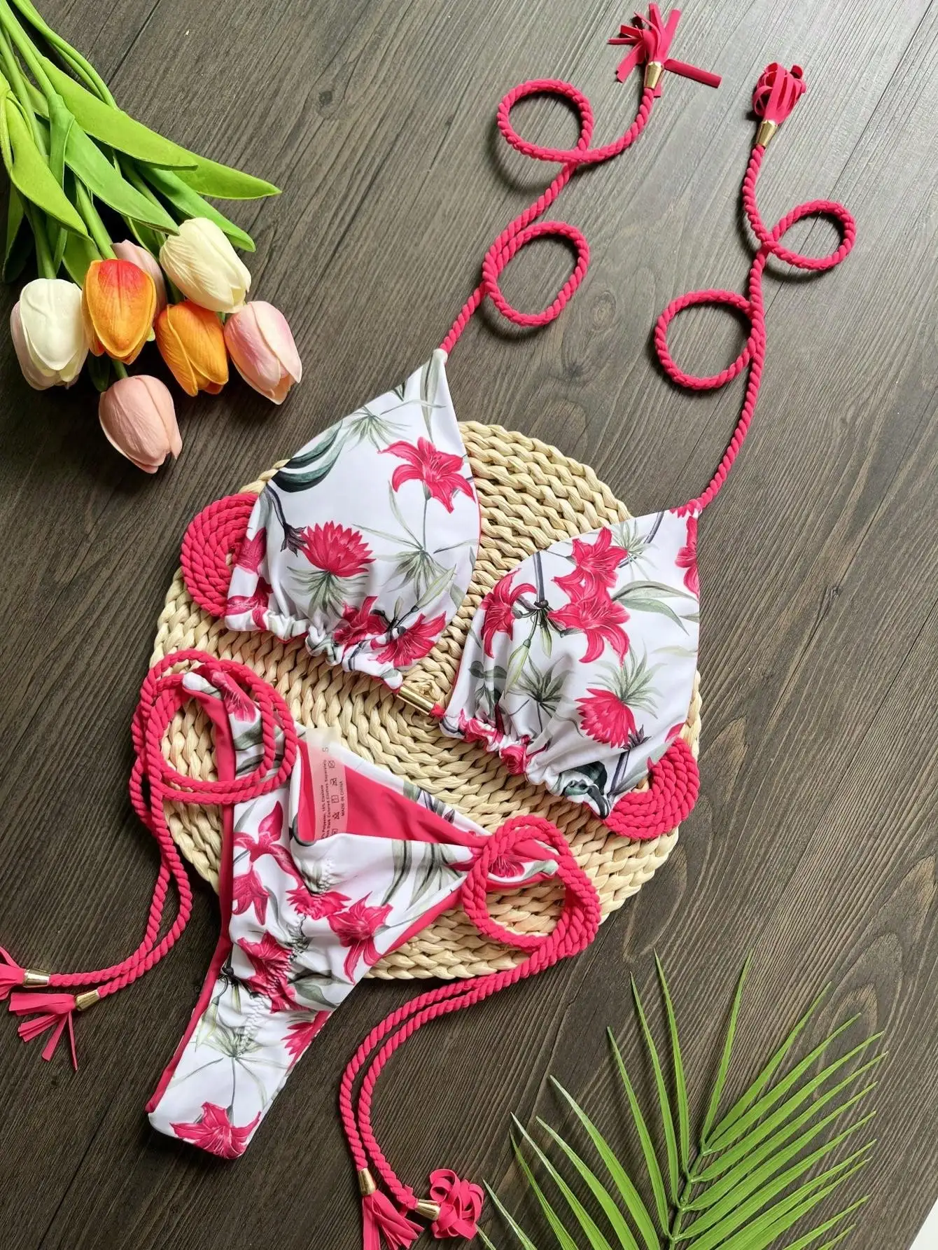 RUOTONSEPT Sexy Pflanzen Druck frauen Badeanzug Flechten seil Bandage Bikinis Set Dreieck Bademode Badeanzug Brasilianische Biquinis Image