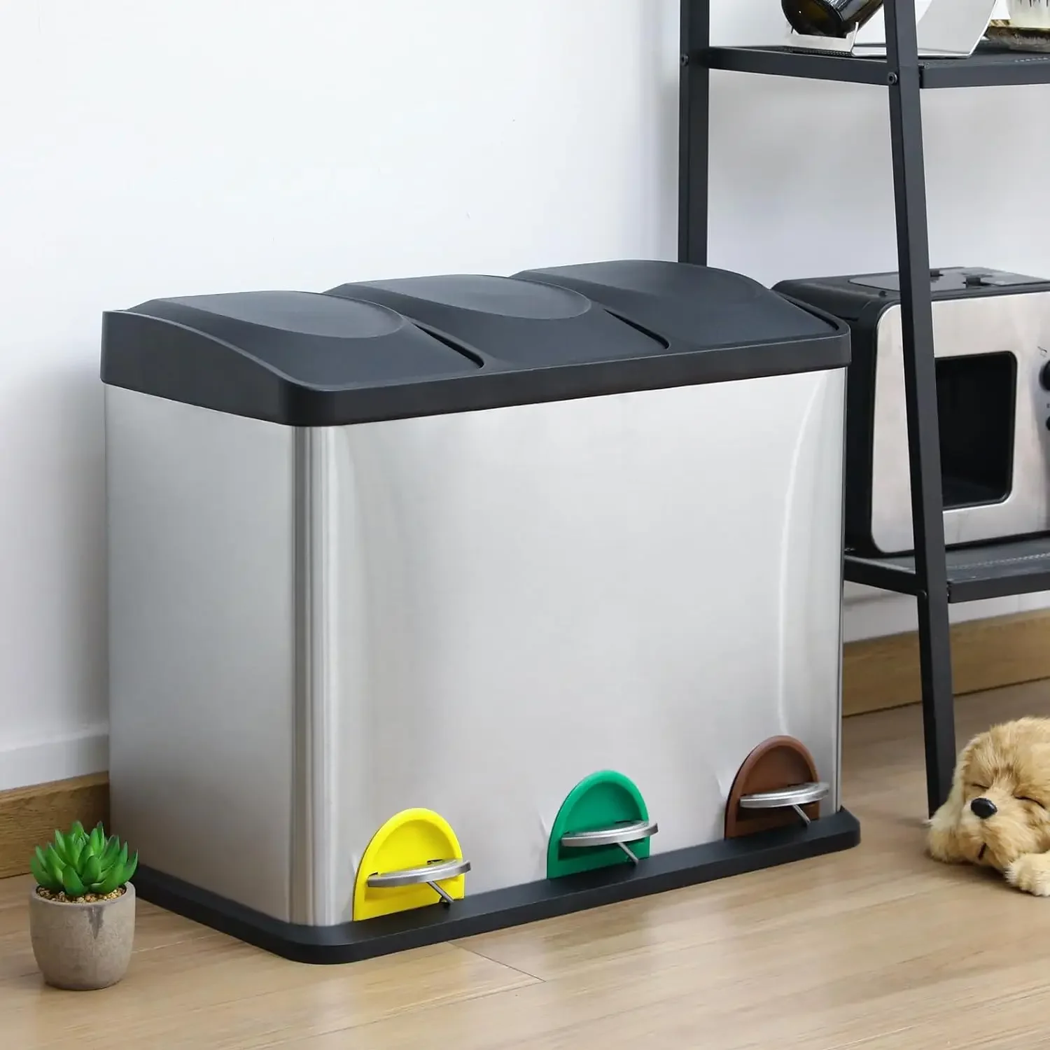 Mülleimer für die Küche, Mülleimer mit 3 Fächern, Edelstahl, Recyclingbehälter mit Soft-Close-Deckeln, 3 x 8/3 x 15 l Kunststoff innen