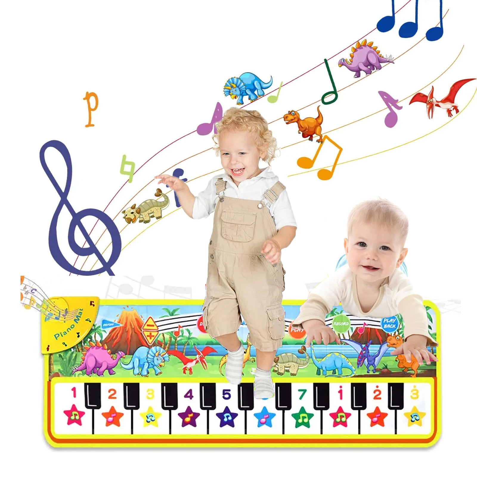 110 x 36 cm Musik-Klaviermatte, Toddle-Matte, Musik-Teppich, Kleinkinder-Tastatur mit 8 Dinosaurier-Sounds, Babymatte, Lernspielzeug für Kinder Image