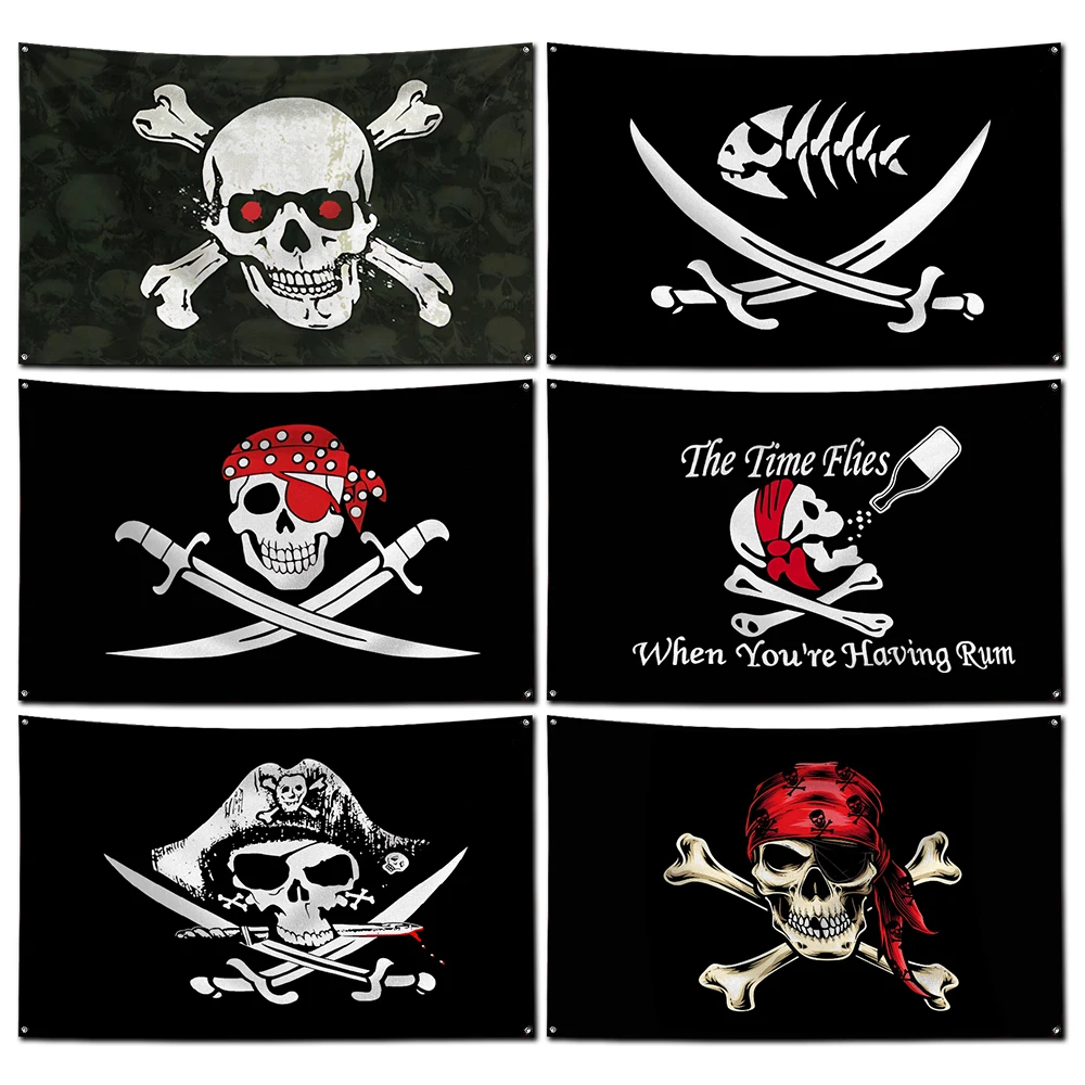 3 x 5 Fuß Totenkopf-Piratenflagge, Polyester, Digitaldruck, Jolly Roger-Banner für Garage, Wand- und Außentürdekoration mit Messingösen Image
