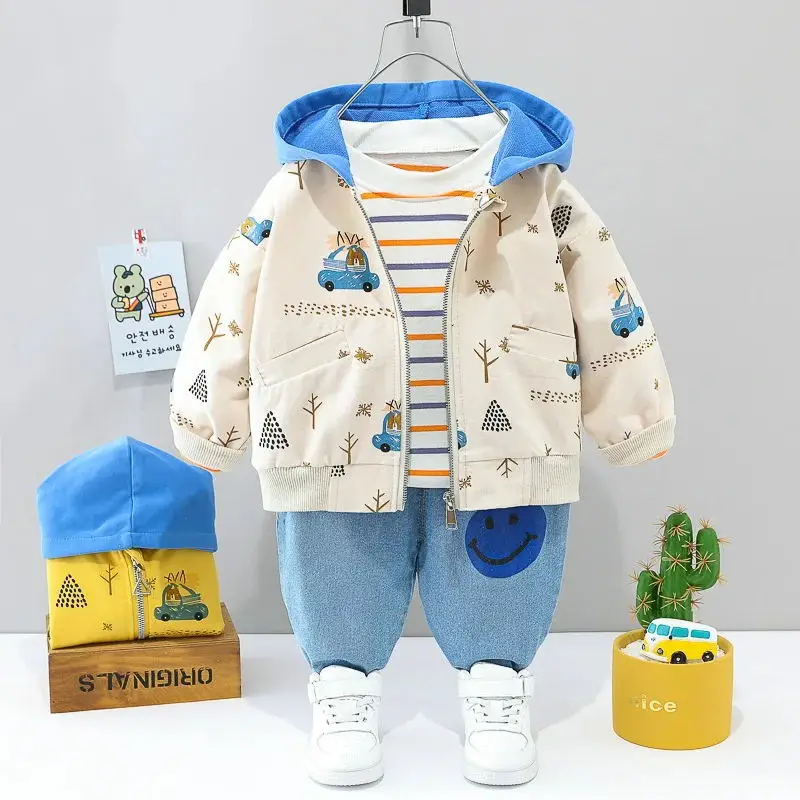 Herbst-Baby-Set, Cartoon-Bär, Jacke + Hose, lässiges Sport-Set für Jungen, dreiteiliges Set 0–4, ist die Outdoor-Kleidung für Kinder Image