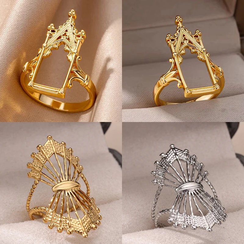 Edelstahl Magische Spiegel Ringe Für Frauen Vergoldet Ästhetischen Ehering Schloss Blume Blatt Design Lighjt Luxus Schmuck Image