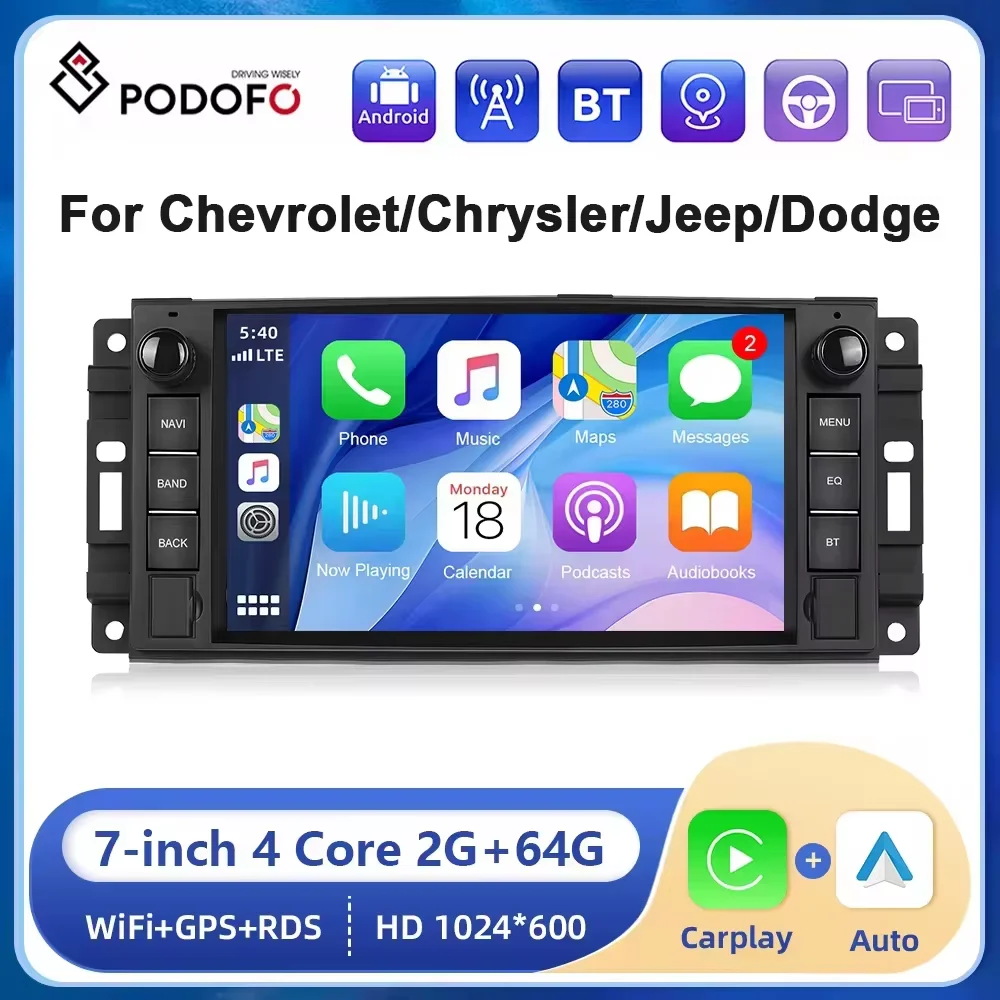 Podofo 2din 7 ”Android Auto Stereo Radio Für Chevrolet Chrysler Jeep Dodge 2 + 64G Carplay Android auto GPS Navigation Bluetooth Image