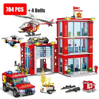 Stadt Feuerwache Leiter LKW Hubschrauber Auto Rettungsboot Feuerwehrmann Figur Flugzeug Modell Moc Bausteine Spielzeug für Jungen Geschenk Image