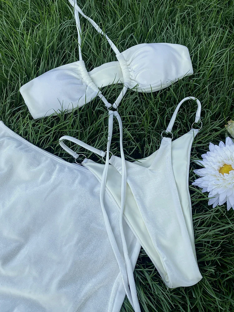 Einfarbige Badeanzug Frauen dreiteilige Anzüge sexy Bikinis Push-up-Bade bekleidung Micro Tanga Strand Wrap Bandage Badeanzug Beach wear Image