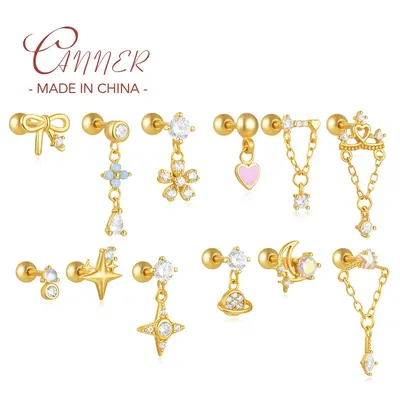 CANNER S925 Sterling Silver Flower Moon Star Zircon Piercing Cartilage Screw Stud Earring For Women