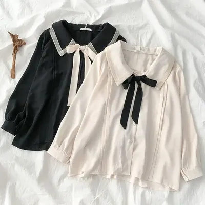 Gidyq Fashion Women Chiffon Shirts Korean All Match Bow Loose Tops Y2K Casual Elegant Female Cute